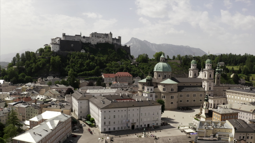 Panning over the cityscape of Salzburg in Austria, Europe. All the main sights can be seen: the residence, the cathedral, the castle Hohensalzburg and the university.
