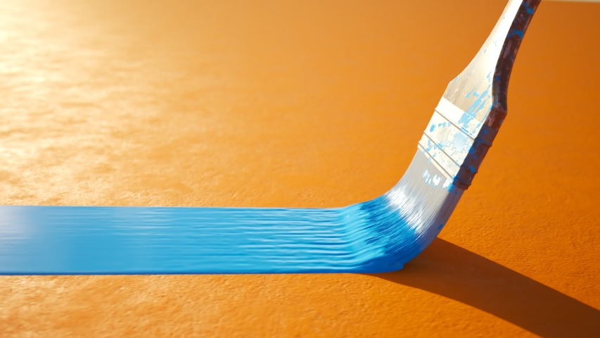 Old, wooden, dirty paintbrush bristle leaving a stripe of colorful, dense, cyan paint on a detailed orange wall. The camera moves along the stripe in an endless, seamless looping animation.
 Royalty-Free Stock Footage #1031514605