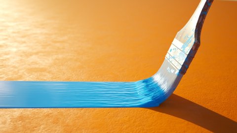 Old, wooden, dirty paintbrush bristle leaving a stripe of colorful, dense, cyan paint on a detailed orange wall. The camera moves along the stripe in an endless, seamless looping animation.
