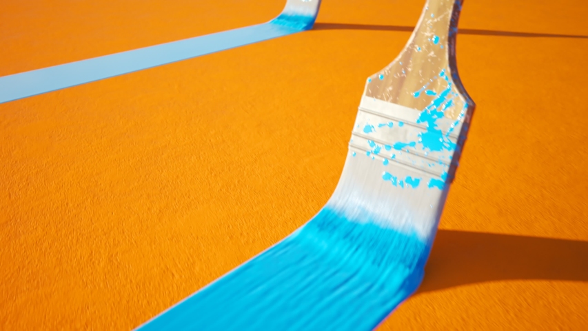 Old, wooden, dirty paintbrush bristle leaving a stripe of colorful, dense, cyan paint on a detailed orange wall. The camera moves along the stripe in an endless, seamless looping animation.
 Royalty-Free Stock Footage #1031514611