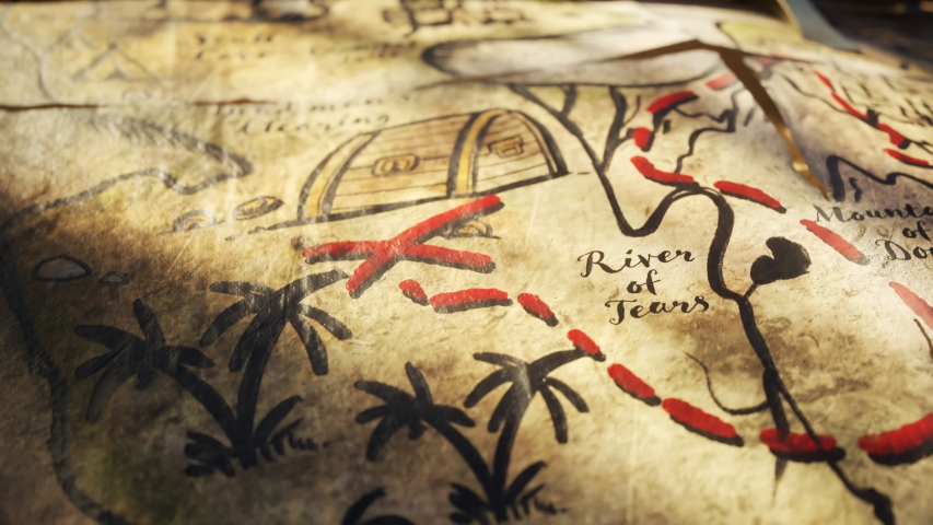 Old, worn handmade treasure map on tropical beach sand near the dig site. Treasure chest full of expensive jewellery, coins and ruby stones. Colorful palm trees, bright sand and clean turquoise water.