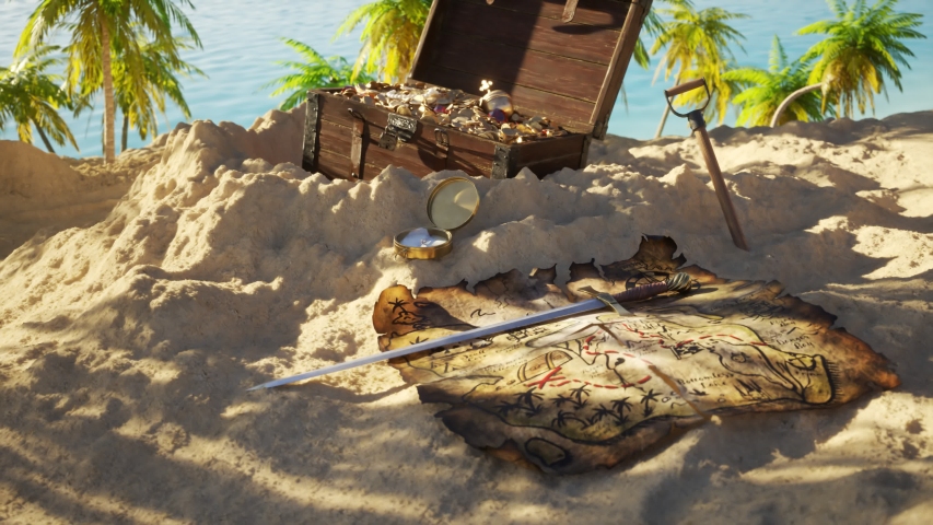 Old, worn handmade treasure map on tropical beach sand near the dig site. Treasure chest full of expensive jewellery, coins and ruby stones. Colorful palm trees, bright sand and clean turquoise water.