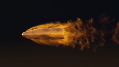 Realistic flying bullet in slow motion. Slowly moving orange turbulent fire trail on a fired bullet shot. Isolated on black background. Super slo-mo shot. Fired ammunition is near to hit a target.
