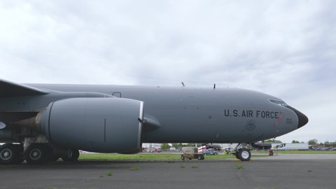 Closeup on an US AIR FORCE military plane. Boeing KC-46 Pegasus air tankerSaint-Hubert, CANADA - June 2019