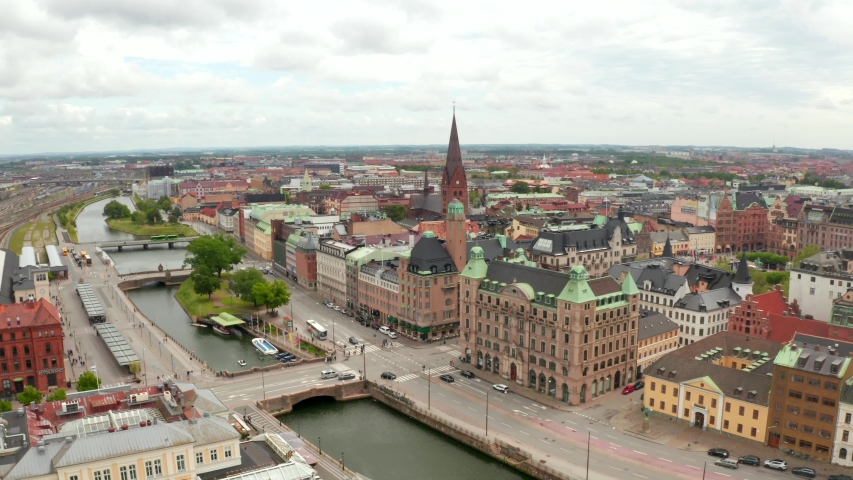 Beautiful view of the Malmo old town in Sweden. Aerial view from above.