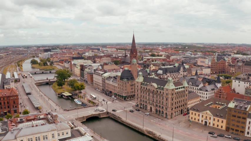 Beautiful view of the Malmo old town in Sweden. Aerial view from above.