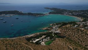 Aerial drone video of iconic lake Vouliagmeni famous for healing abilities, Athens riviera, Attica, Greece