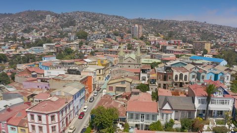 Valparaiso, Quinta Region / Chile - February 15 2019: Aerial view of historical area hill and houses of the city and port at Valparaiso, the biggest port in Chile