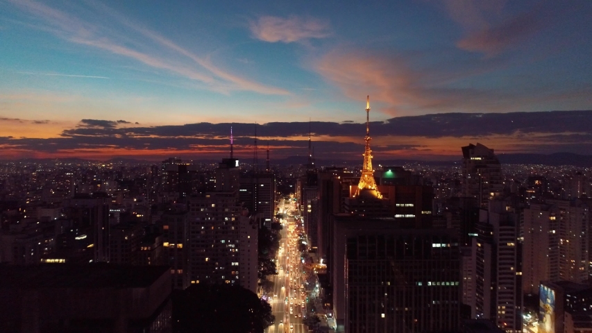 Paulista Avenue aerial view, São Paulo, Brazil. Sunset