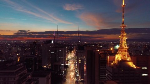 Paulista Avenue aerial view, São Paulo, Brazil. Sunset's scene. Sunset's collection. Downtown's scenery.  Landmark of city, Sunset São Paulo. Aerial landscape City. Sunset scene. Sunset Skyline City