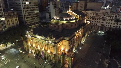Sao Paulo, Brazil: Aerial view of Municipal's Theater. City aerial landscape. Downtown. Urban. City Life. City Landmark. Museum and Theater. Night scenery. Night life. Church. Cathedral. Attraction 