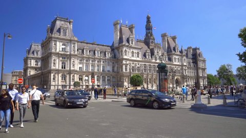 Paris, France - June 2019 : City hall in Paris also known as the Hotel de Ville housing the local administration, the Mayor of Paris, headquarters of the municipality of Paris