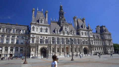 Paris, France - June 2019 : City hall in Paris also known as the Hotel de Ville housing the local administration, the Mayor of Paris, headquarters of the municipality of Paris