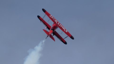 OKLAHOMA CITY, OKLAHOMA / USA - June 2, 2019: The Jack Link's Screamin' Sasquatch Jet Waco performs at the Star Spangled Salute Air & Space Show at Tinker Air Force Base.