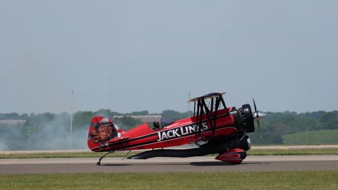 OKLAHOMA CITY, OKLAHOMA / USA - June 2, 2019: The Jack Link's Screamin' Sasquatch Jet Waco performs at the Star Spangled Salute Air & Space Show at Tinker Air Force Base.