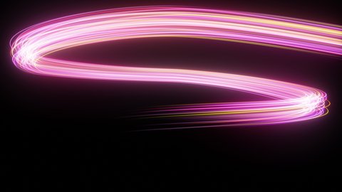 Bright purple glowing fast moving streams of light, along a trajectory. Fast energy flying wave line with flash lights. Animation magic swirl trace path on black background.