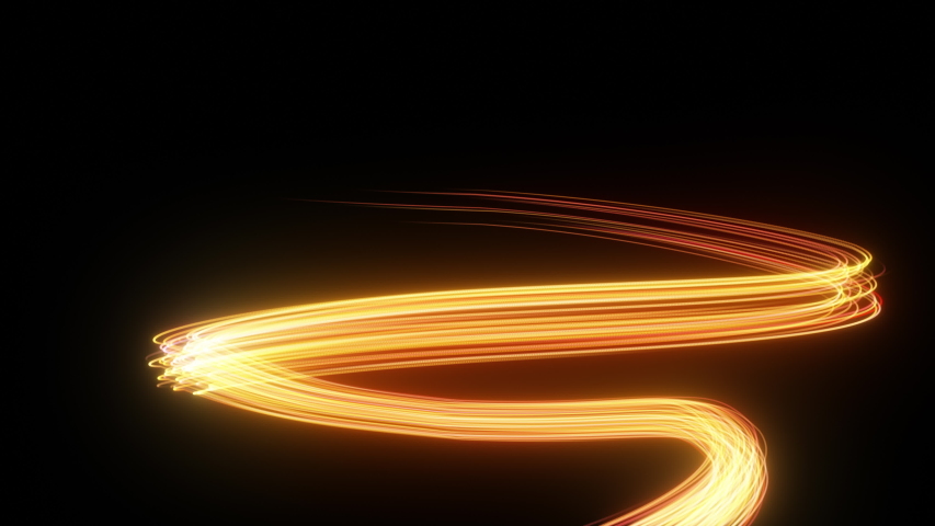 Bright orange neon glowing fast moving streams of light, along a trajectory. Fast energy flying wave line with flash lights. Animation magic swirl trace path on black background. Royalty-Free Stock Footage #1031562929
