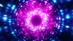 Bright abstract wavy motion background. Neon ultraviolet lamps. Glowing points of the spiral tunnel. Bright bright points. laser light. Modern pink and blue color spectrum. Seamless loop 3d animation