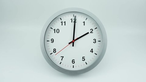 Gray wall clock beginning of time 02.00 am or pm, on white background, Time lapse 55 minutes moving fast, Blank for design
