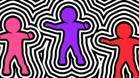 Seamless funny animation of minimal sketch characters dancing with wave effect. Stop motion zine culture video loop.