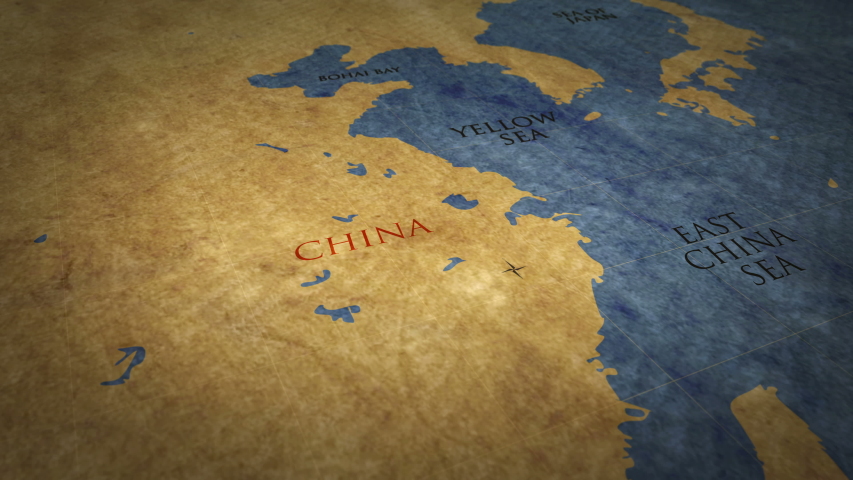 Shanghai on simple retro paper map. 3D flight over grunge atlas chart with city marked by pushpin.
