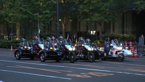 TOKYO, JAPAN - 27 MAY 2019 : Imperial Guard “Honda GL 1800 Gold Wing Motorcycle with a sidecar” in front of the hotel where U.S. President Donald Trump stays during the visit in Tokyo.