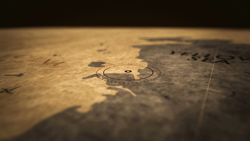 Shanghai city on retro map in sepia color. Old atlas chart with mark by pushpin. Vintage maps 3D animation.