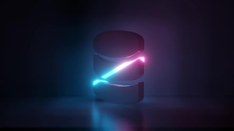 3d rendering glowing blue purple neon laser light symbol of database in empty space corner seamless animation