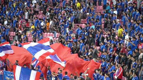 Bangkok, Thailand - June 2, 2018 : Thailand flag being rise in the international friendly match between Thailand and China football team in Rajamangala national Stadium