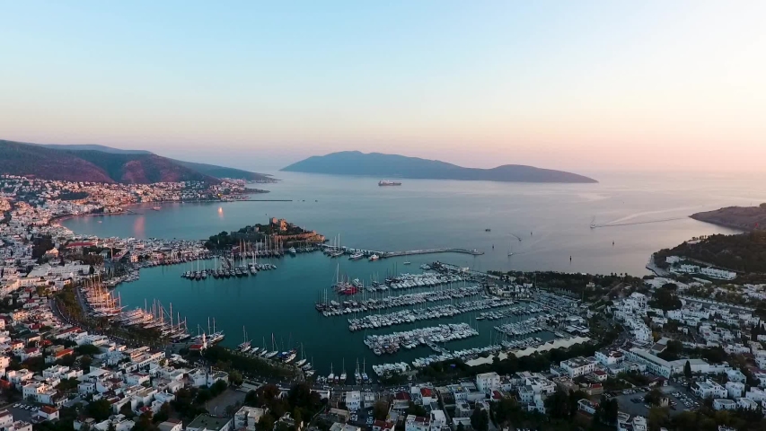 Amazing Aegean Bodrum castle drone sunset footage  Royalty-Free Stock Footage #1031609897