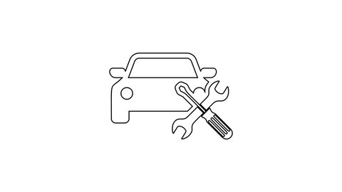 Black Car with screwdriver and wrench line icon on white background. Adjusting, service, setting, maintenance, repair, fixing. 4K Video motion graphic animation