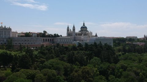 Madrid, Spain - June 1st 2019: Royal Palace and Cathedral de la Almudena in Madrid