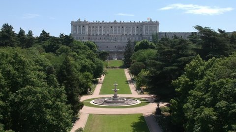 Madrid, Spain - June 1st 2019: Royal Palace and Cathedral de la Almudena in Madrid