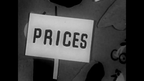 CIRCA 1940s - An animation illustrates pricing issues showing a piggy bank, washing machine, house, car and a refrigerator in 1948.