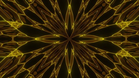 Abstract cosmic chaos looping animated background. Seamless symmetric kaleidoscope backdrop from Liquid golden hypnotic rays. VJ style Flowing ornament footage.