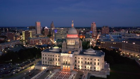 Drone footage of Providence, Rhode Island at dusk. The camera rotates around the state capitol. Providence is the capital city of the U. S. state of Rhode Island.
