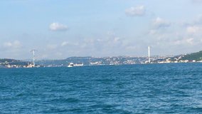 View Of The Bosphorus Bridge From Sea. Bosporus Bridge in Istanbul strait. Both continents are visible. Marmara Sea and sky with clouds is visible. Video is taken from front of FSM bridge from ferry.