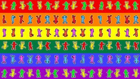 Seamless funny animation of minimal sketch character dancing over a rainbow flag. Stop motion zine culture video loop. Gay pride and diversity concept.