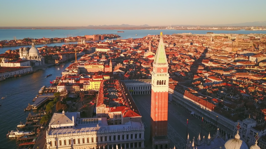 venice skyline aerial view drone at sunrise italy,fly over city center