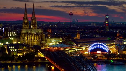 cologne skyline aerial view timelapse from night to day germany