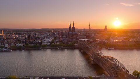 cologne city aerial view timelapse from day to night cathedral in the background germany