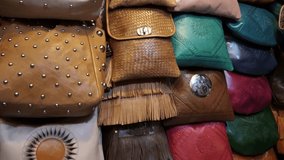 Traditional Moroccan leather bags in Marrakech souk 