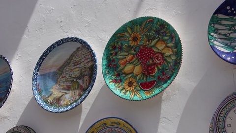 Vietri sul Mare, Italy - Circa June 2019. Famous handmade ceramics in the street souvenir shop.