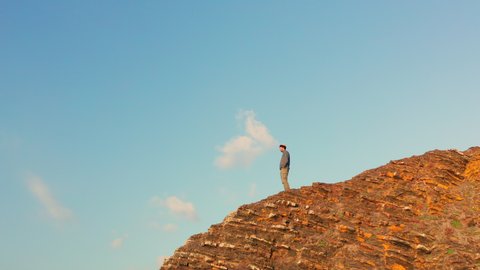 Aerial Man Standing On Viewpoint Watching Stock Footage Video (100% ...