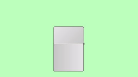 Animated Illustration in cartoon style of zippo lighter, opening and closing the lid with flame isolated on pastel green color background.