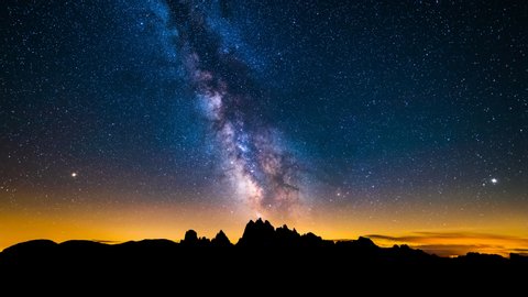 4K Time lapse of Mliky way over the Alps Mountain, Dolomites, Italy