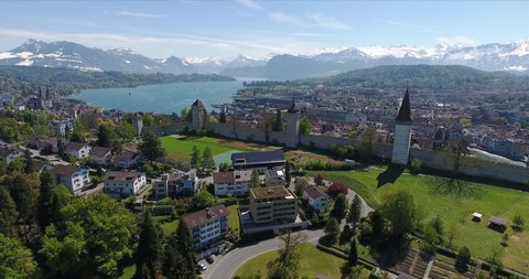 Aerial of Lucerne with the old city wall Museggmauer