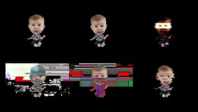 abstract  video of baby girl with small body and huge oversized head with overlayed glitch and distortion effects