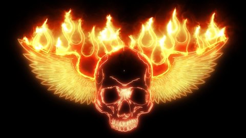 skull drawings with flames and wings