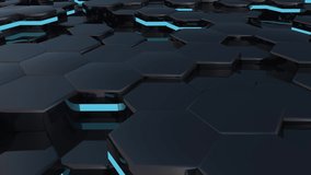 Abstract background with 3D animation of a black hexagons rising up and down. Top view on a floor, random motion, seamless loop.